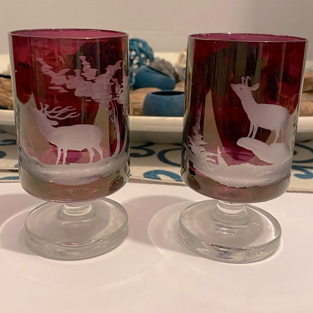 Vintage Bohemian Glass Austria Flashed Cranberry Etched Stag Doe Deer Glasses